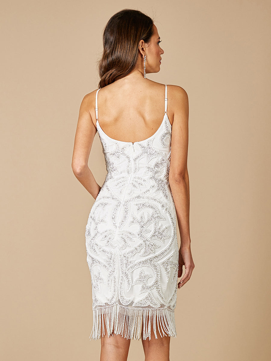 Wedding Dresses Short Beaded Fringe Fitted Wedding Dress White