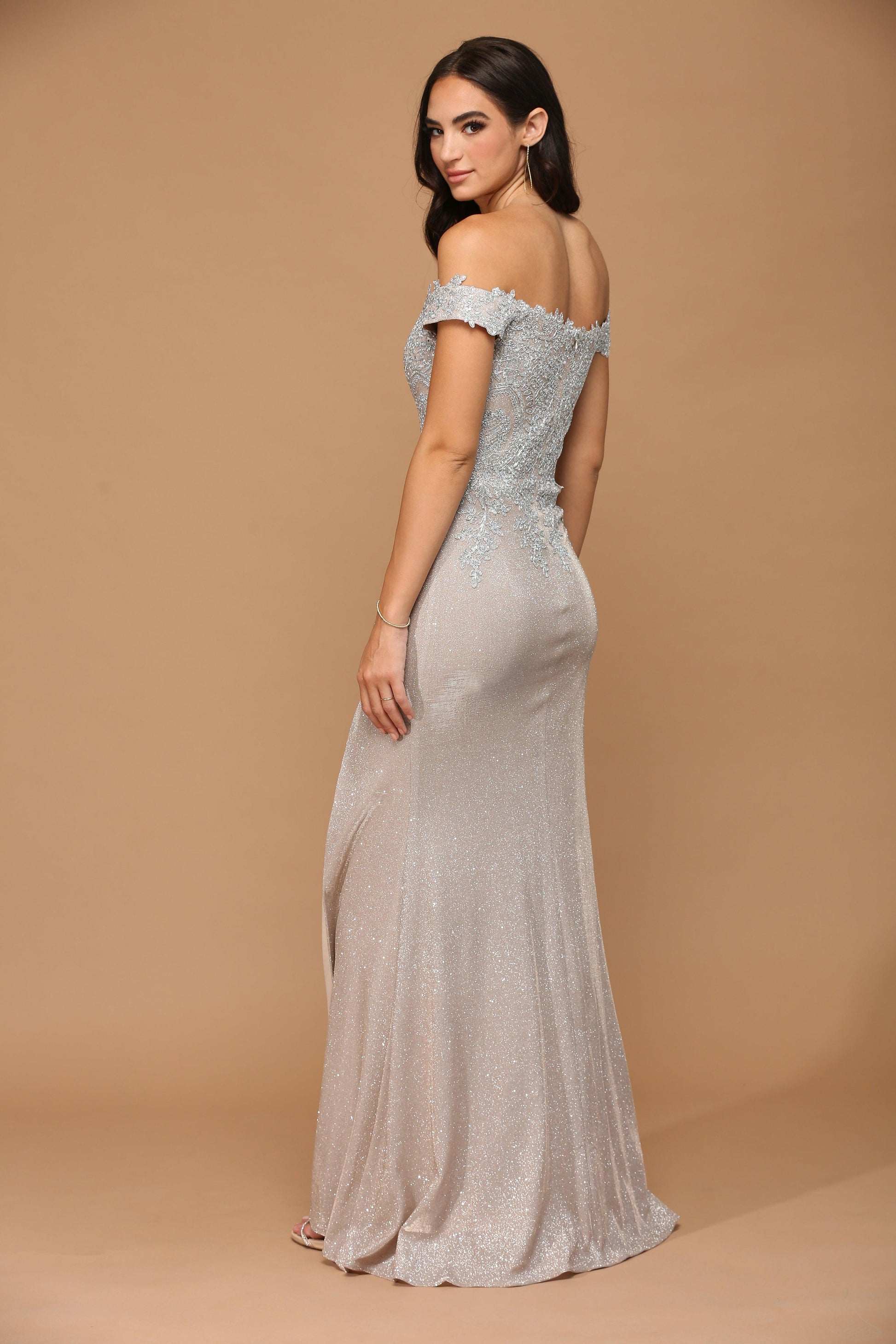 Long Off Shoulder Formal Metallic Prom Dress
