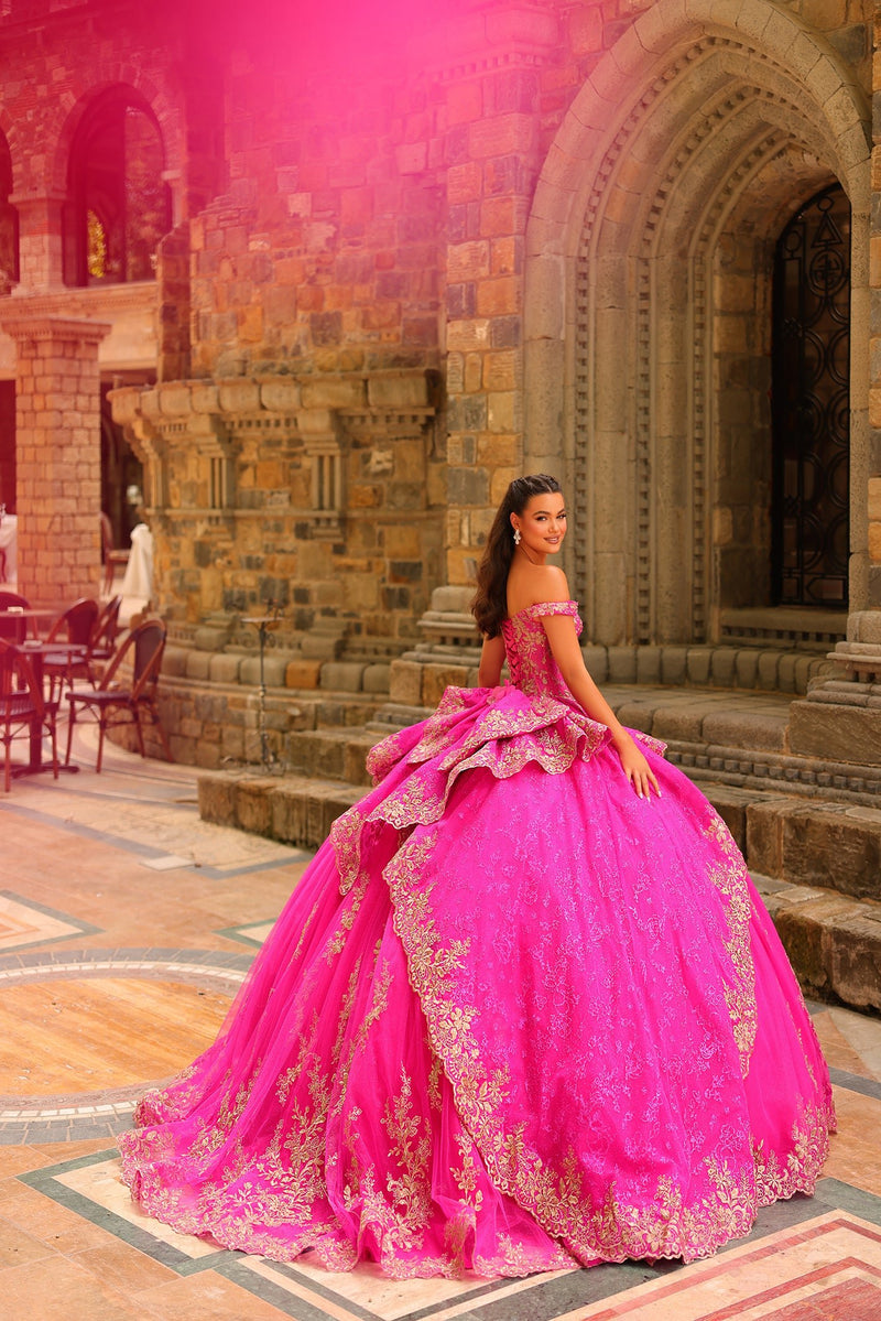 Quinceanera Dresses Long Ball Gown 3D Floral Quinceañera Dress Fuchsia