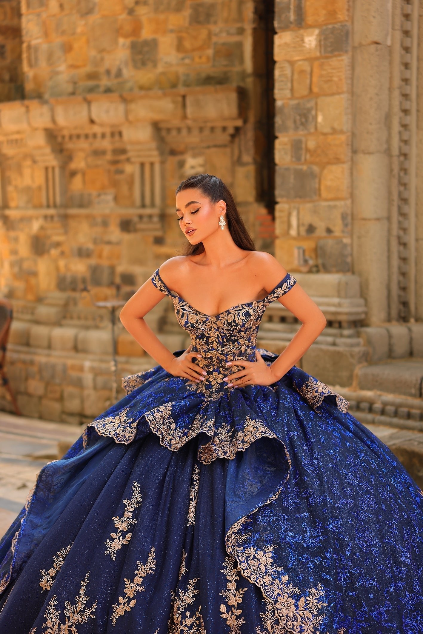 Quinceanera Dresses Long Ball Gown 3D Floral Quinceañera Dress Navy