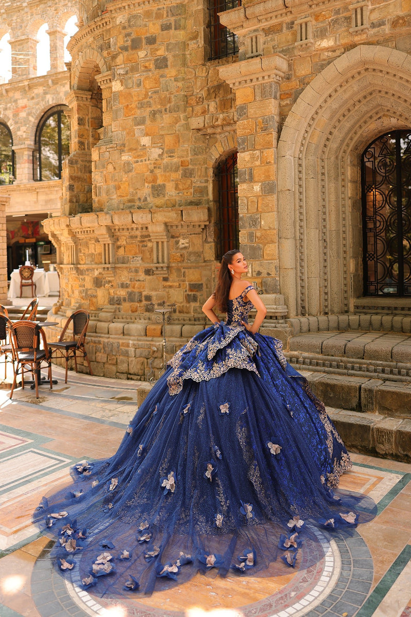 Quinceanera Dresses Long Ball Gown 3D Floral Quinceañera Dress Navy