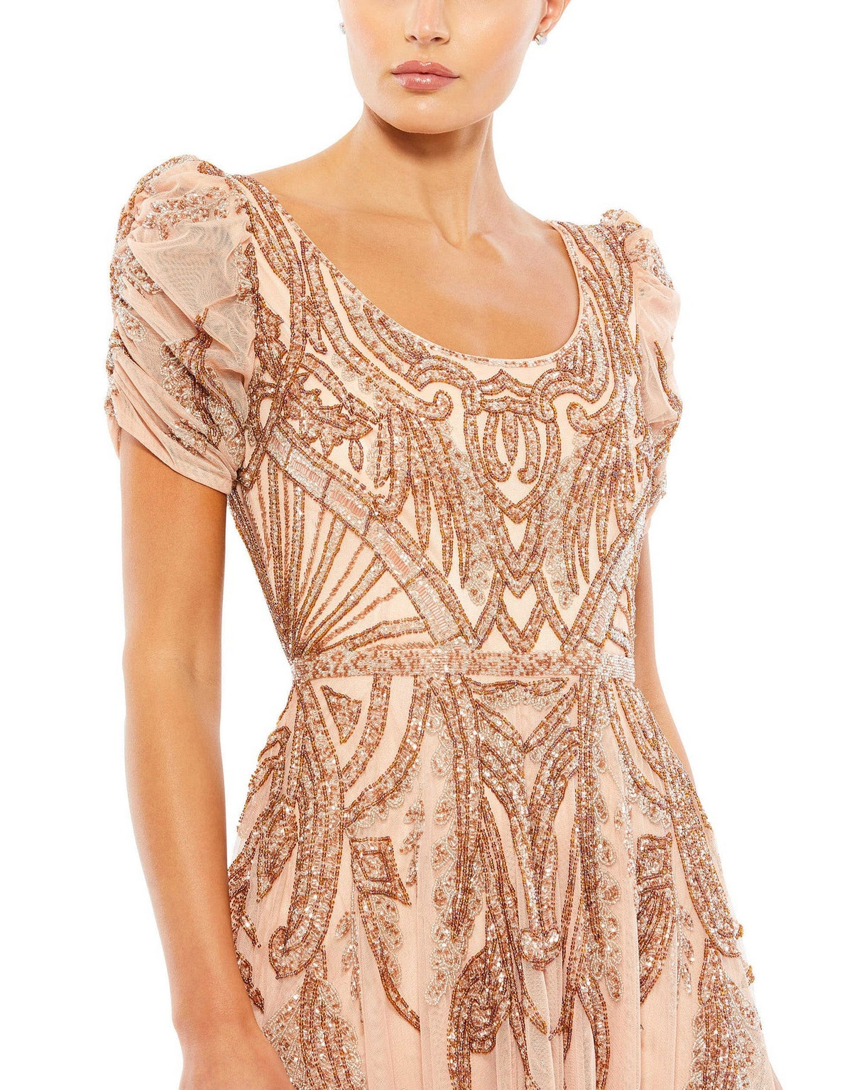 Cocktail Dresses Beaded Short Sleeve Tea Length Dress Apricot
