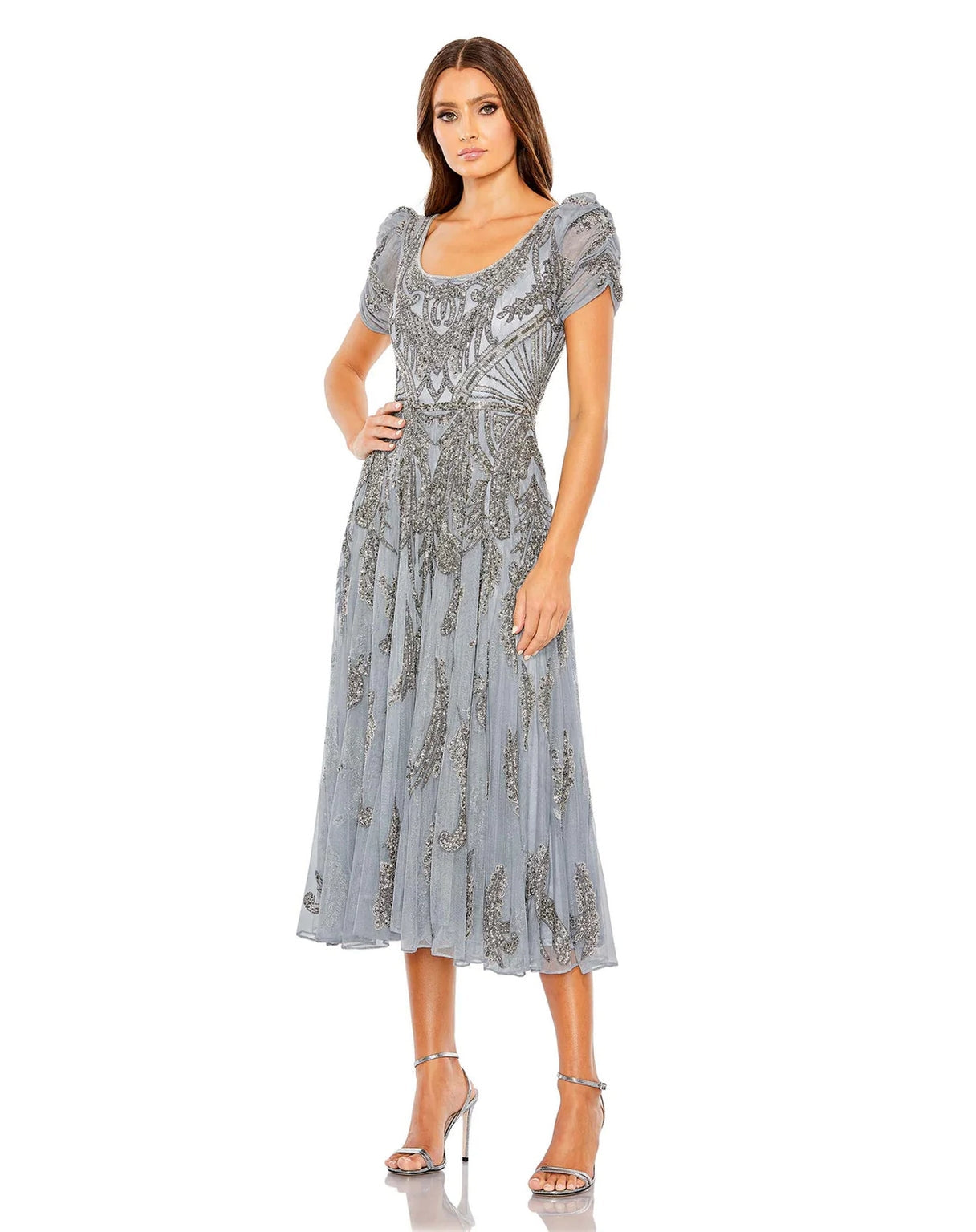Cocktail Dresses Beaded Short Sleeve Tea Length Dress Silver
