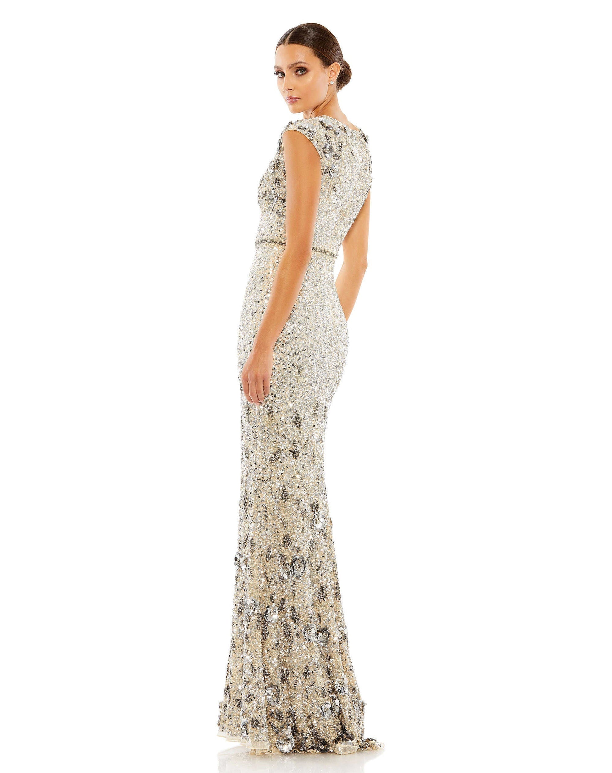Formal Dresses Long Embellished V Neck Cap Sleeve Sequin Dress Nude Silver