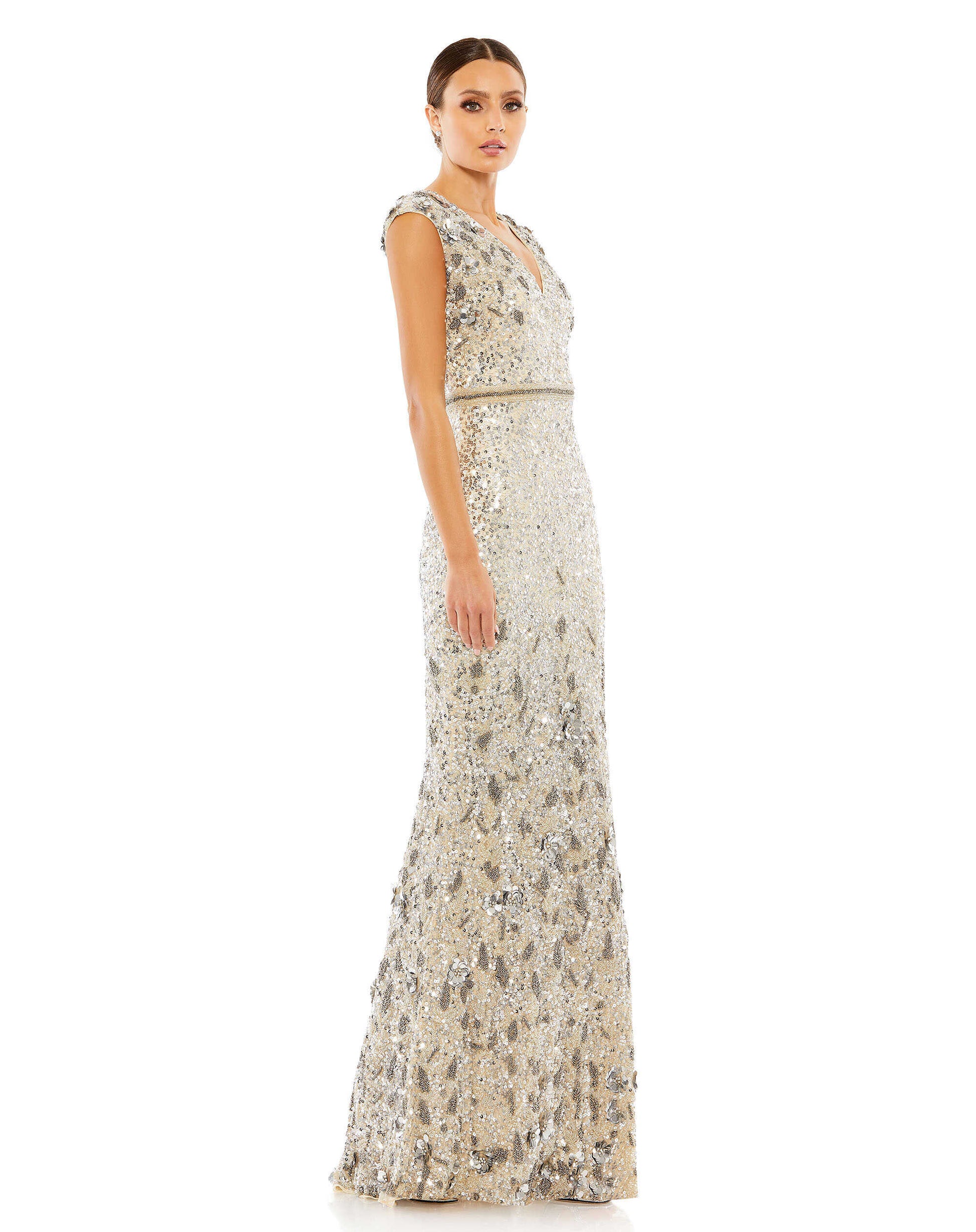 Formal Dresses Long Embellished V Neck Cap Sleeve Sequin Dress Nude Silver