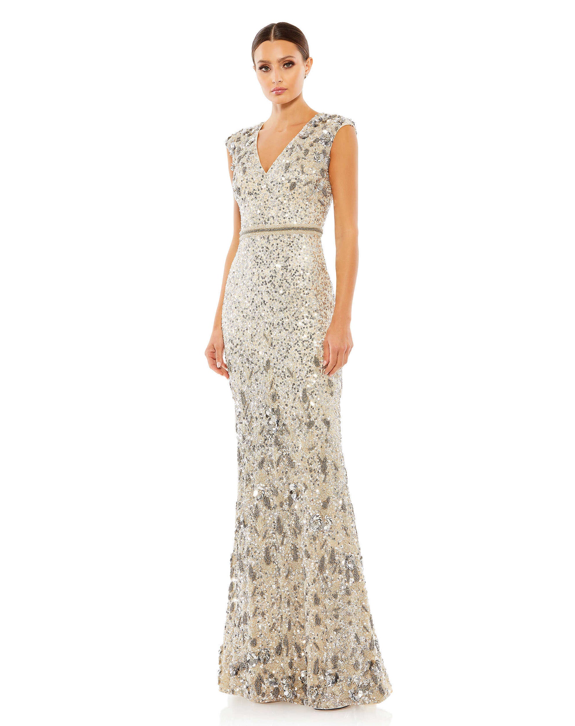 Formal Dresses Long Embellished V Neck Cap Sleeve Sequin Dress Nude Silver