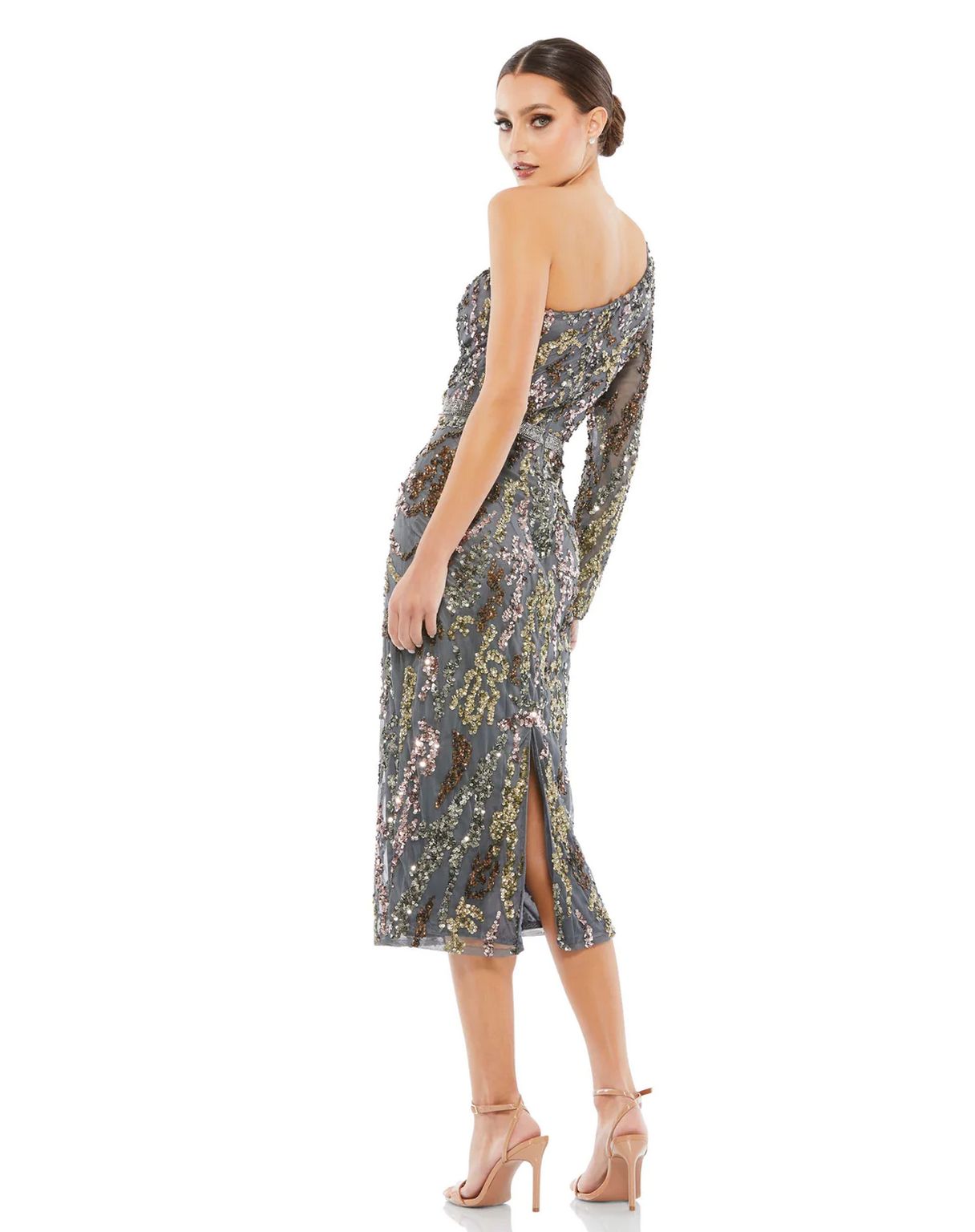 Cocktail Dresses Sequined One Shoulder Long Sleeve Midi Dress Charcoal