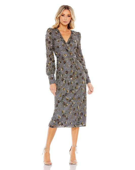Cocktail Dresses Long Sleeve V Neck Midi Dress Charcoal