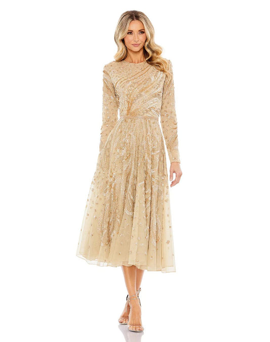 Cocktail Dresses Embellished Illusion High Neck Long Sleeve Midi Dress Latte