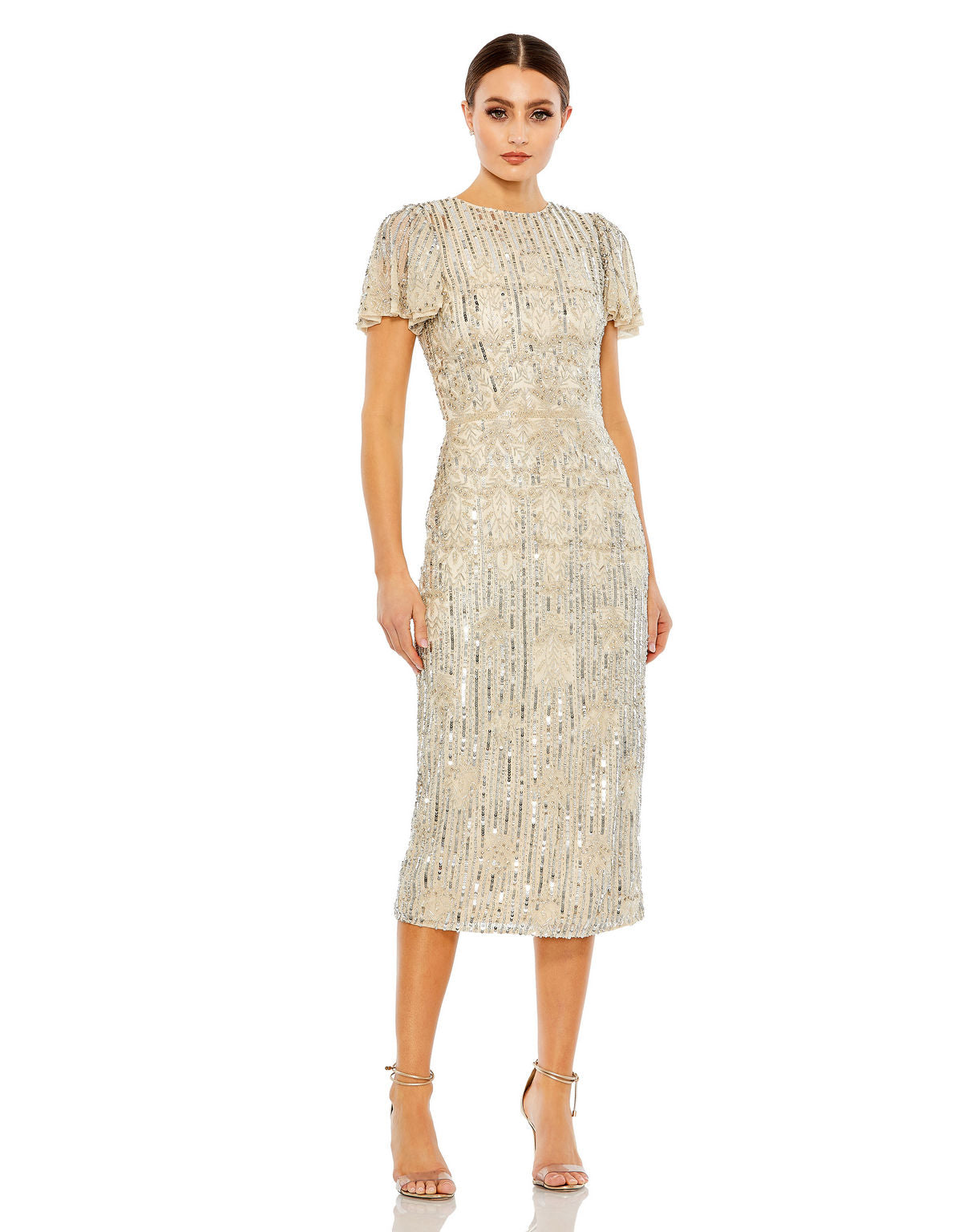 Cocktail Dresses Short Cocktail Midi Beaded Sequin Dress  Nude Silver