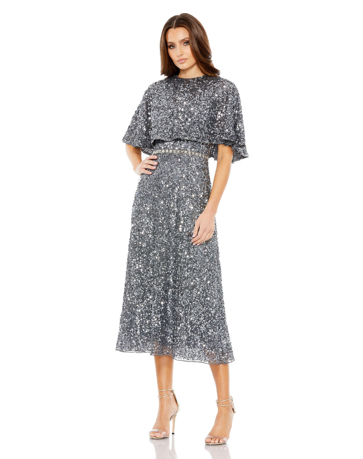 Mother of the Bride Dresses Short Mother of the Bride Sequin Cape Midi Dress Charcoal