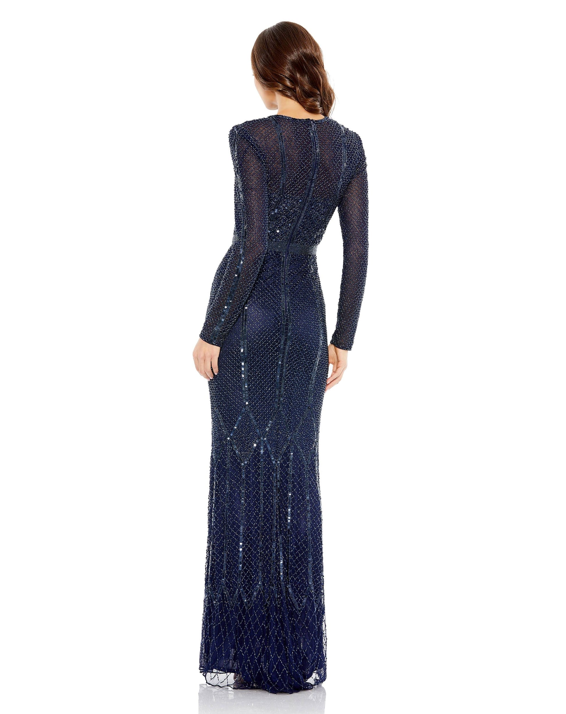 Prom Dresses Long Sleeve Fitted Beaded Formal Prom Dress Midnight