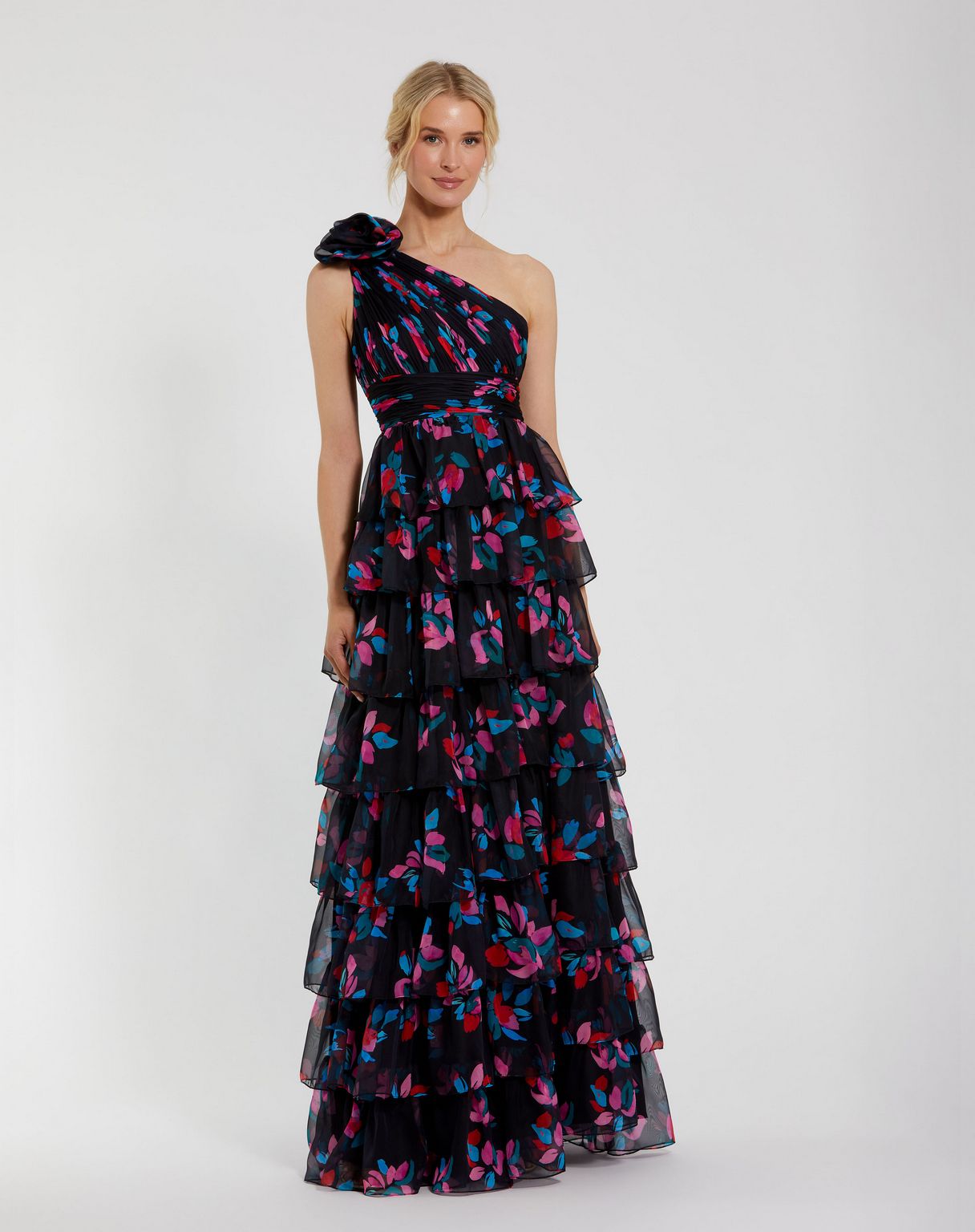 Prom Dresses Prom Long Ruffle Floral Printed Formal Dress Black Multi