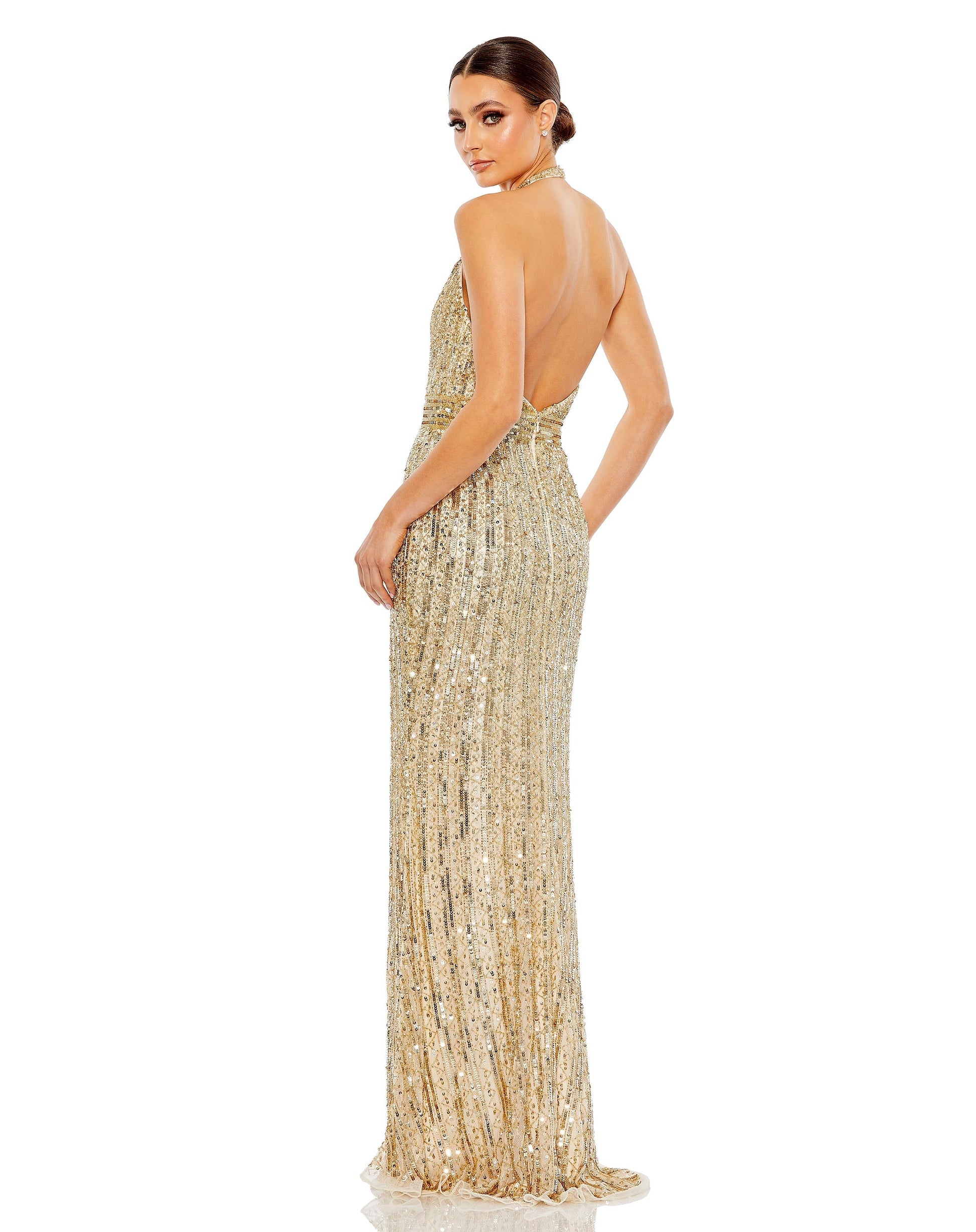 Prom Dresses Long Sequin Halter Formal Prom Dress Gold Nude