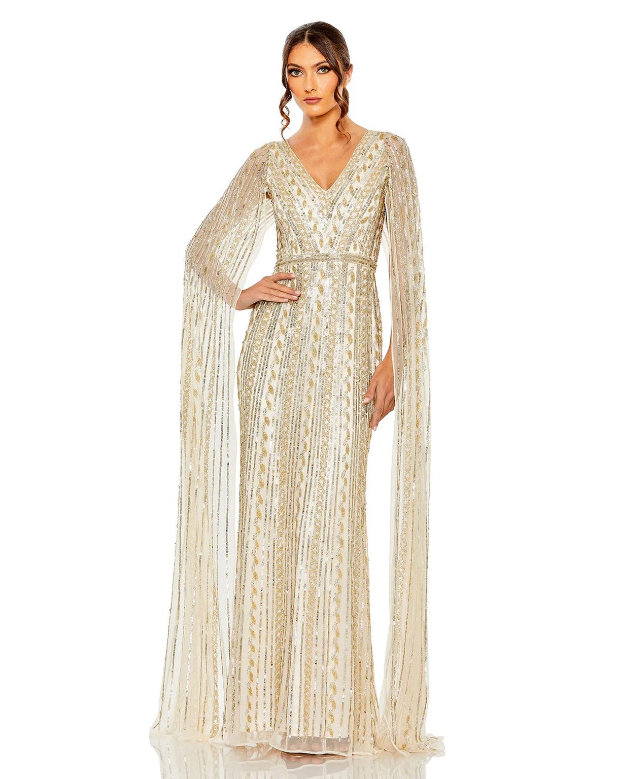 Formal Dresses Long Sequined V Neck Cape Sleeve Dress Nude Silver