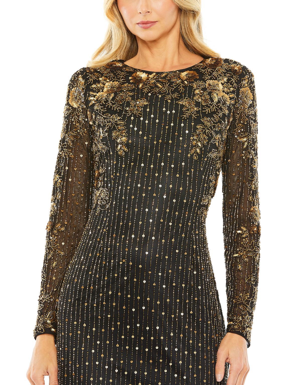 Formal Dresses Beaded Long Sleeve Formal Prom Dress Black Gold