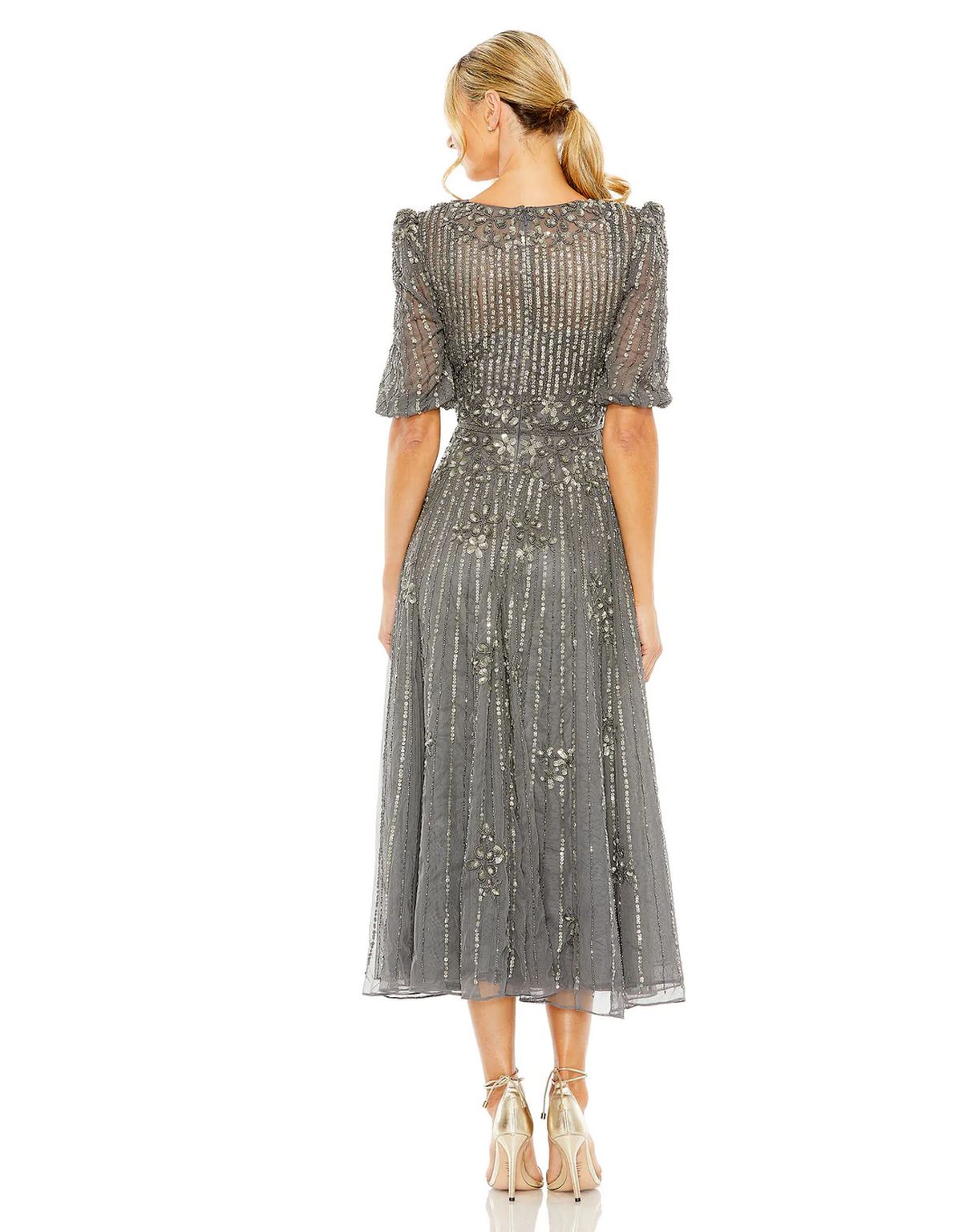 Mother of the Bride Dresses Puff Quarter Length Sleeve V Neck Midi Dress Pewter