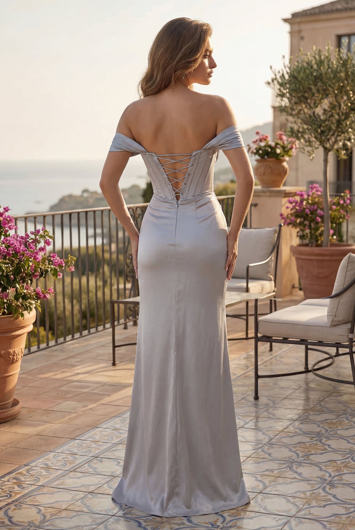Elegant Satin Off-the-Shoulder Corset Prom Dress Formal Evening Gown – Silver