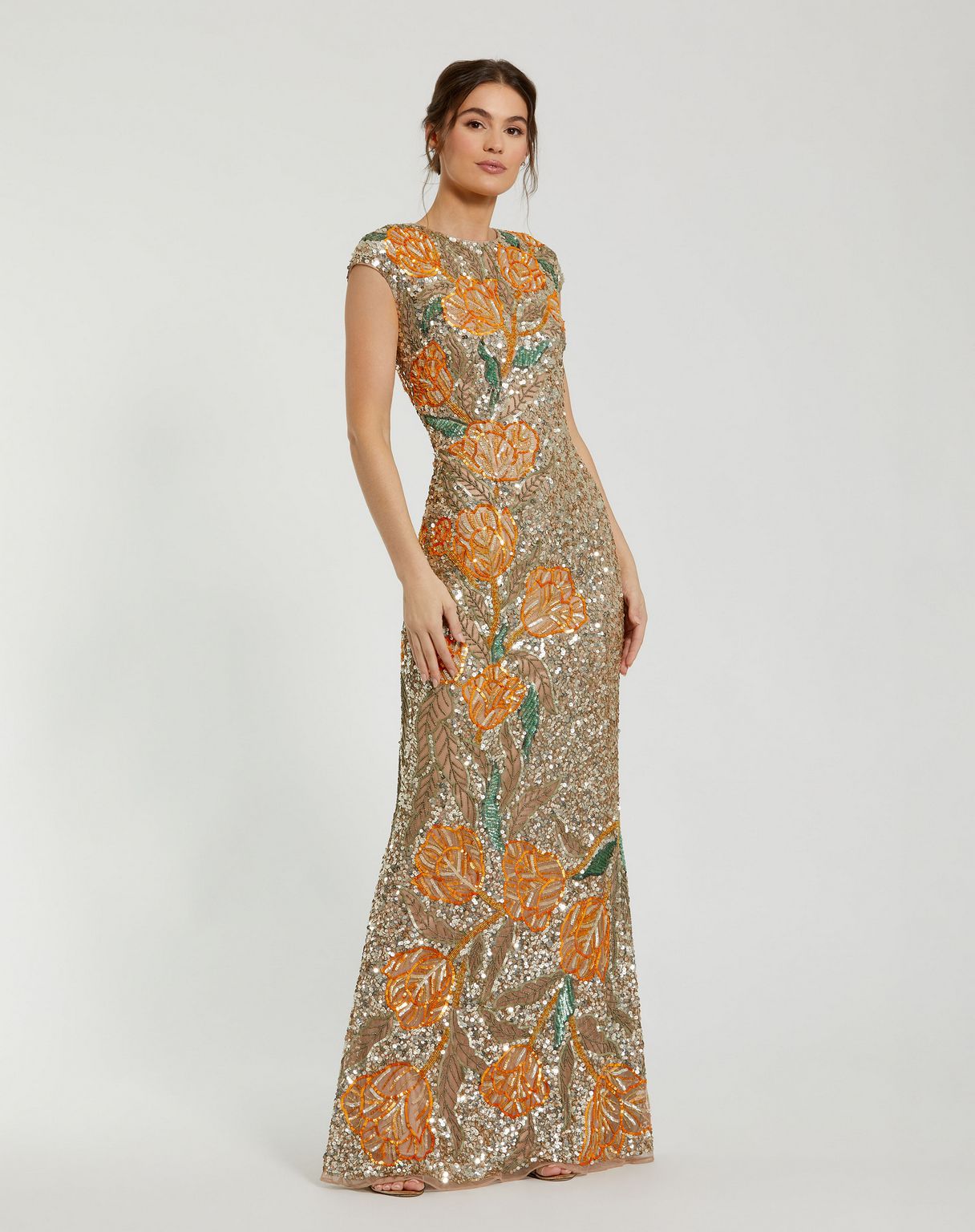 Formal Dresses Fitted Floral Beaded Long Formal Evening Dress Gold Multi