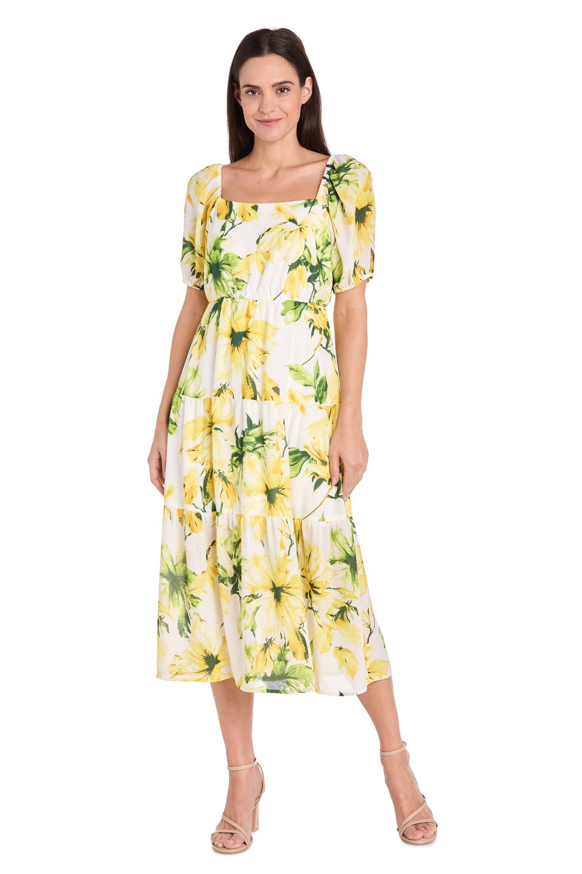 Cocktail Dresses Printed Midi Length A Line Cocktail Dress Yellow/Green/White