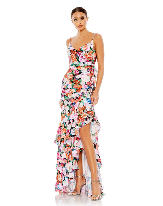 Prom Dresses Floral Print Formal Prom Long Ruffle Dress Multi