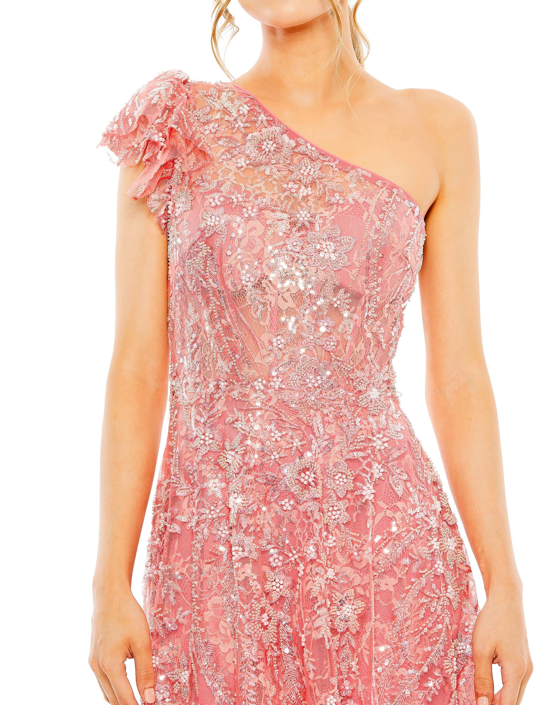 Prom Dresses Long One Shoulder Beaded Lace Prom Dress Coral