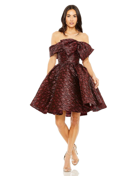 Cocktail Dresses Brocade Off Shoulder Bow Detail Short Dress Ruby
