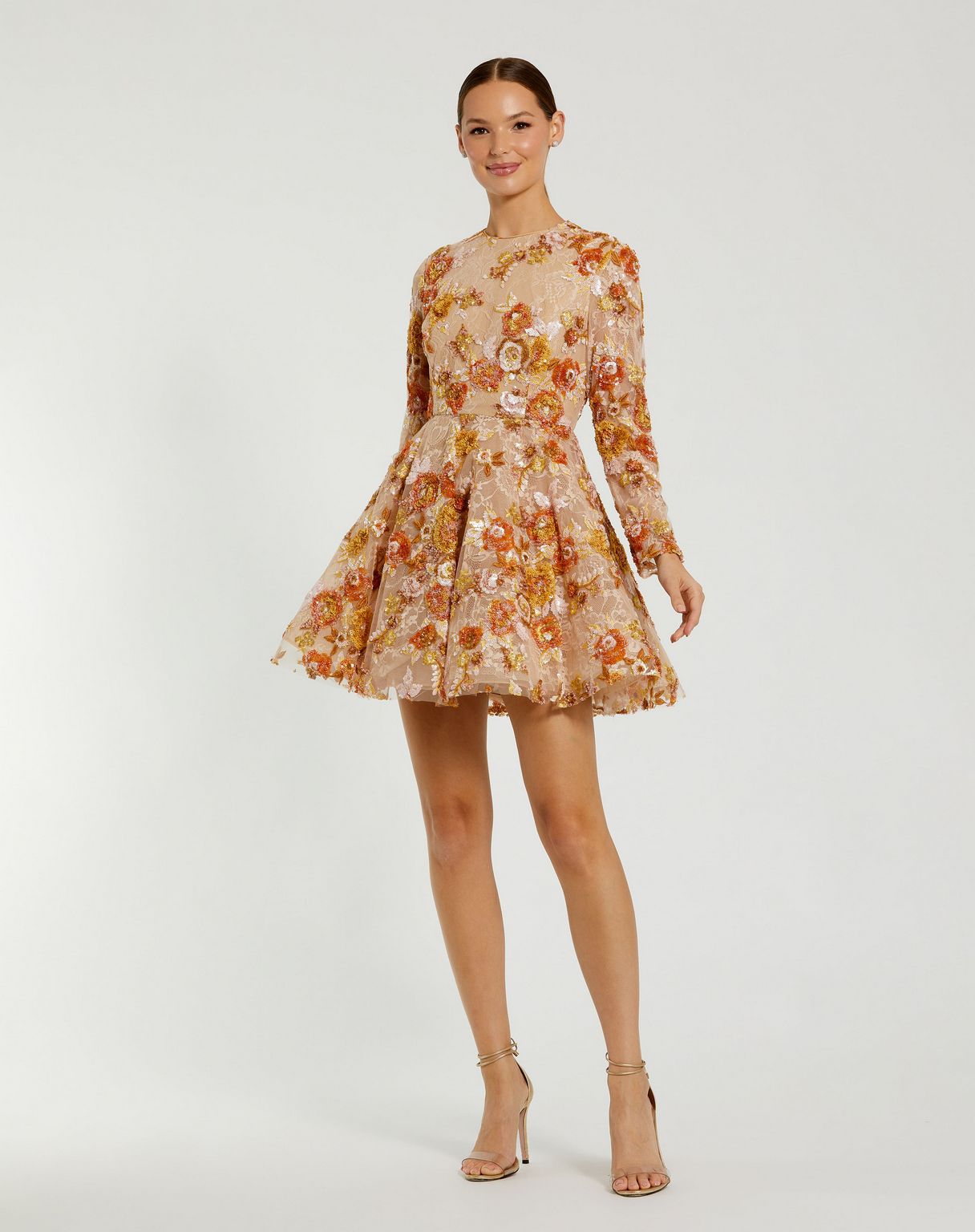 Cocktail Dresses Long Sleeve Sequin Cocktail A Line Mini Dress Nude Multi