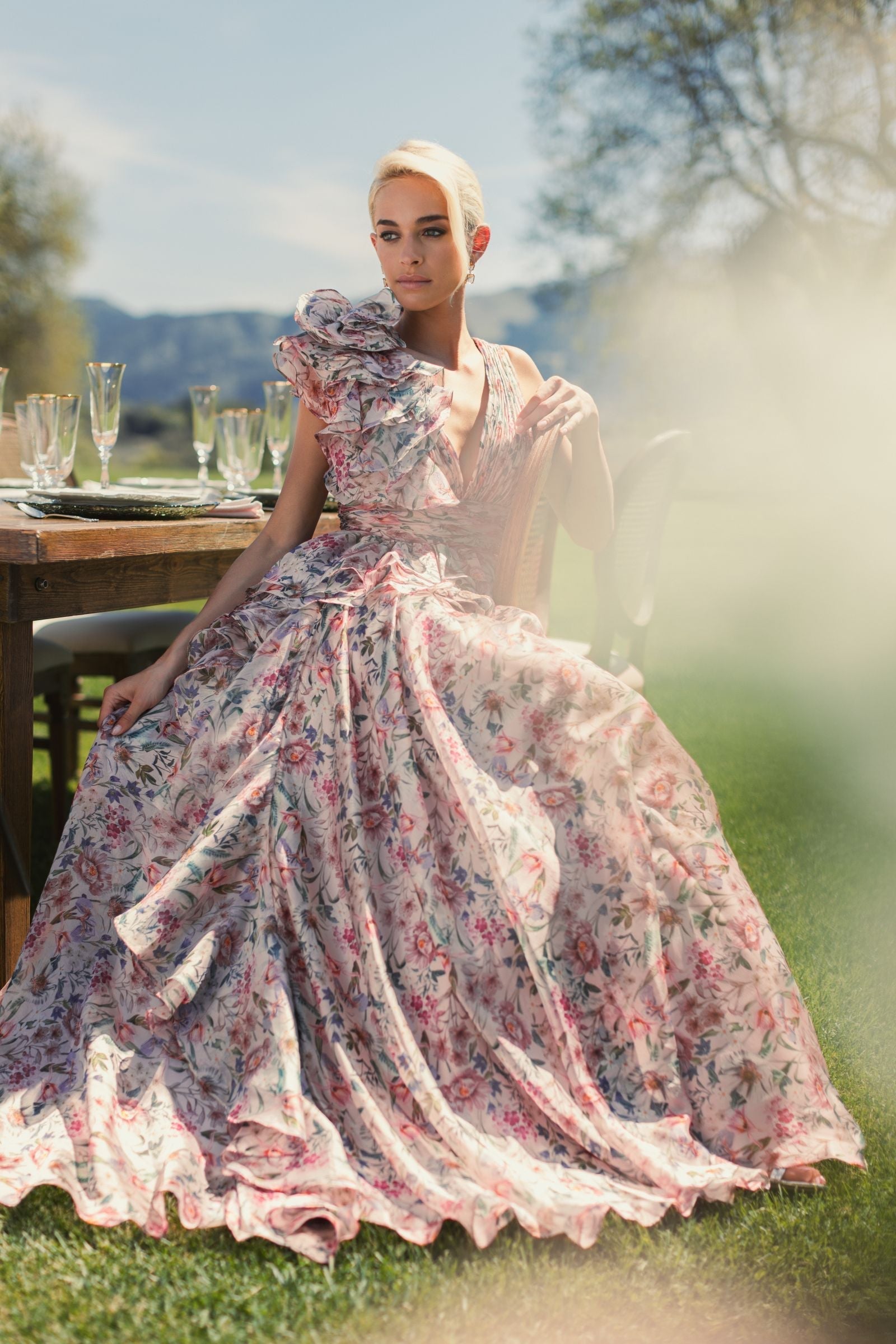 Prom Dresses Formal Long Ruffle Prom Print Dress Pink Multi