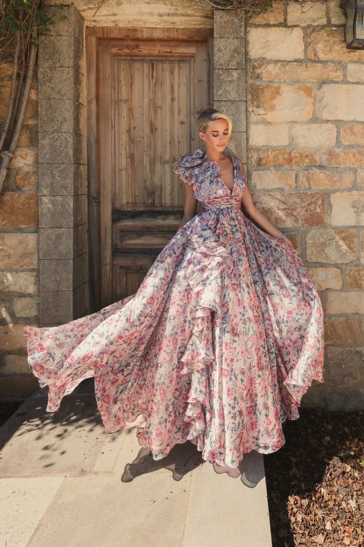 Prom Dresses Formal Long Ruffle Prom Print Dress Pink Multi