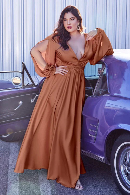 LaDivine 7475C Plus Size Formal Long Sleeve Satin Dress
