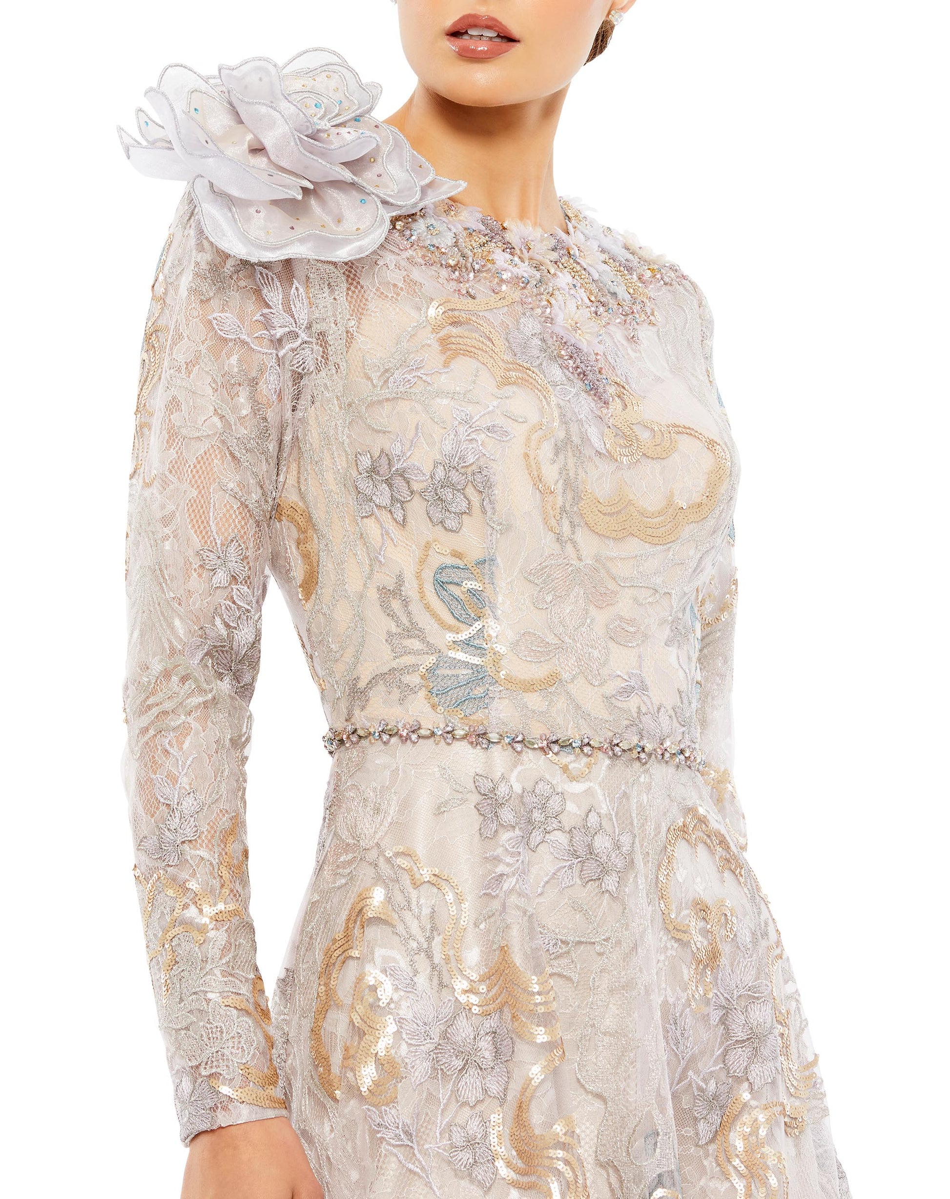 Prom Dresses Long Sleeve 3D Floral Prom Formal Dress Multi