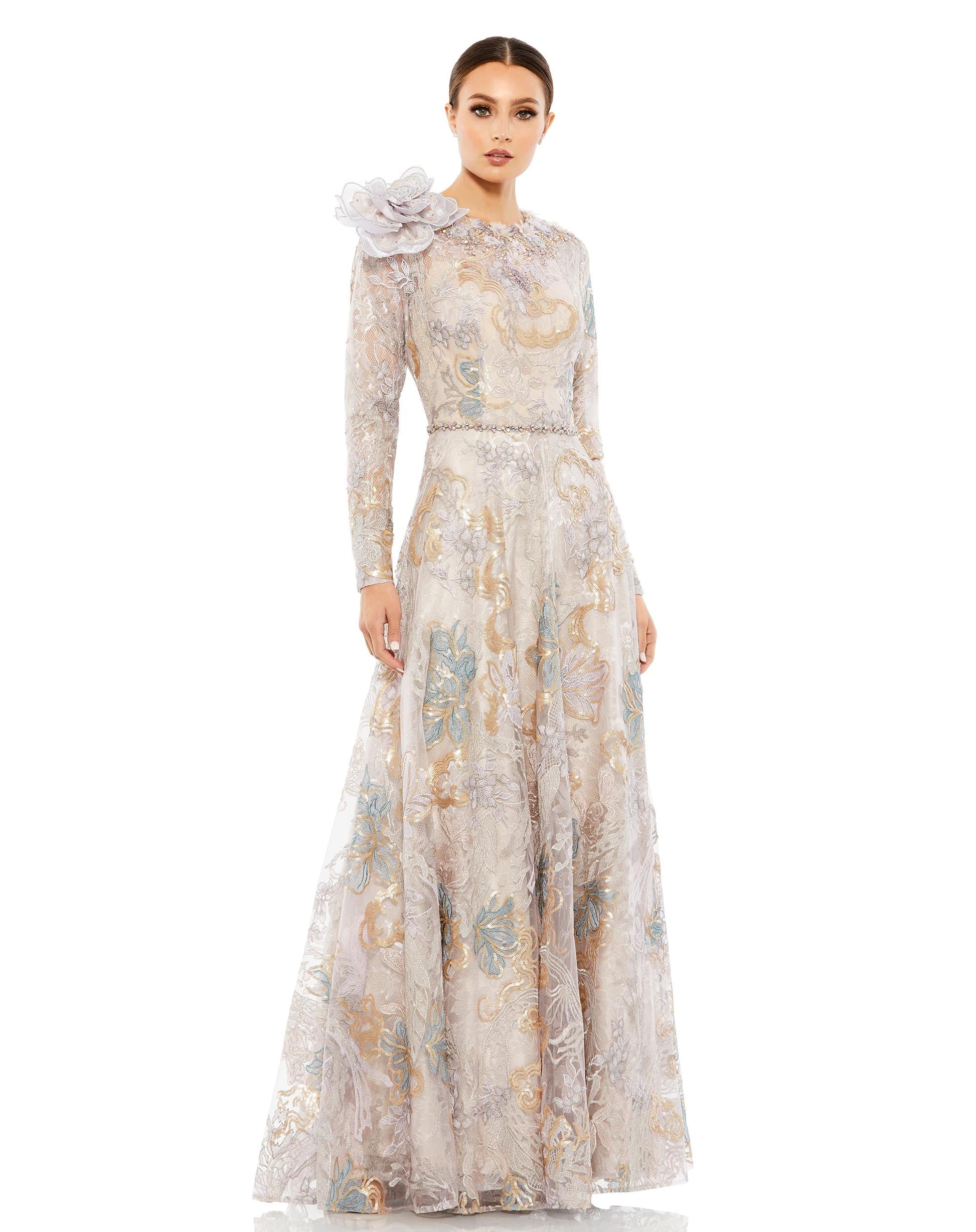 Prom Dresses Long Sleeve 3D Floral Prom Formal Dress Multi