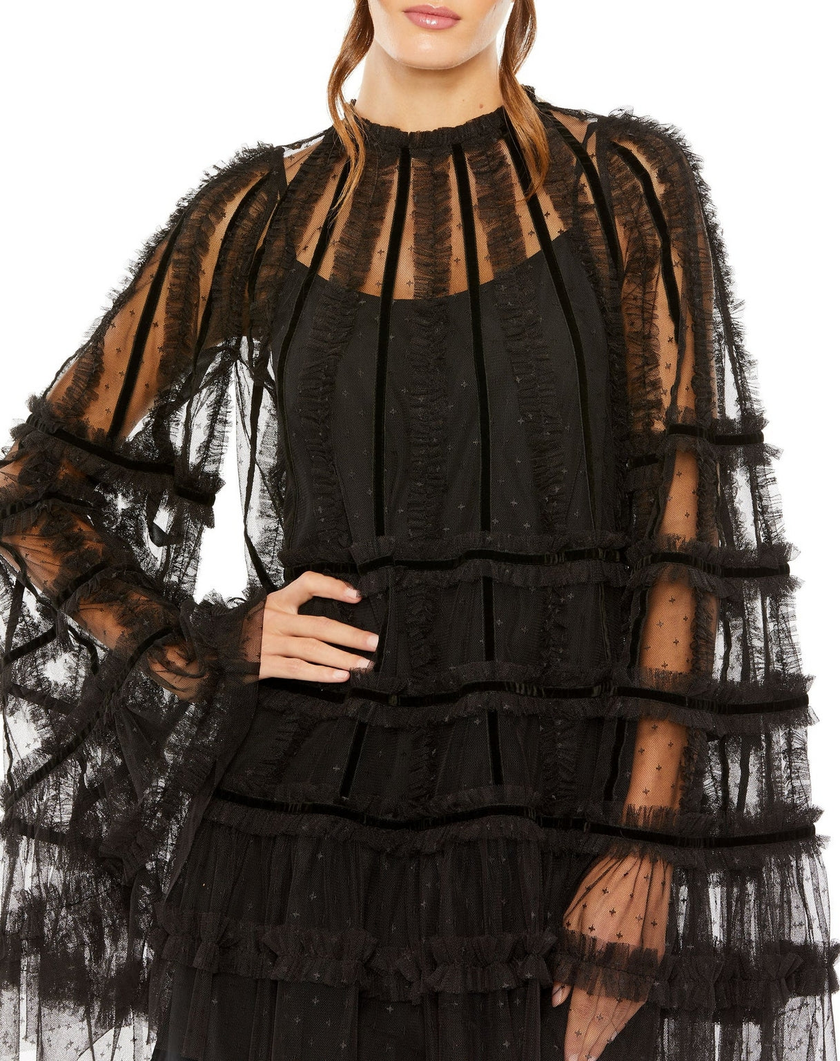 Cocktail Dresses High Neck Ruffle Bell Sleeve Trapeze Short Dress Black