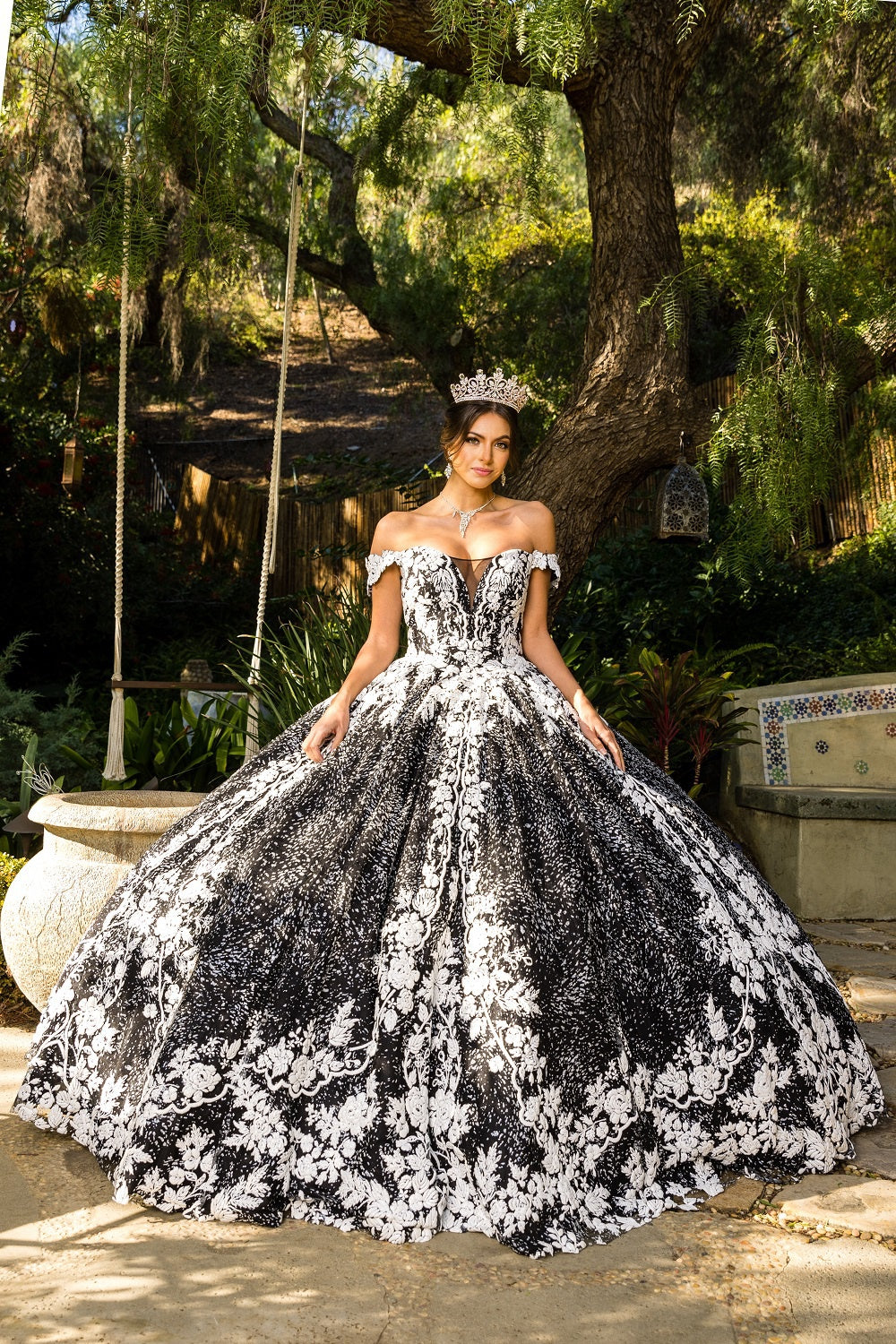 Quinceniera Dresses Floral Long Ball Gown Quinceanera Dress Black