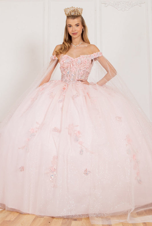 Quinceniera Dresses Long Applique Ball Gown Cape Quinceanera Dress Blush
