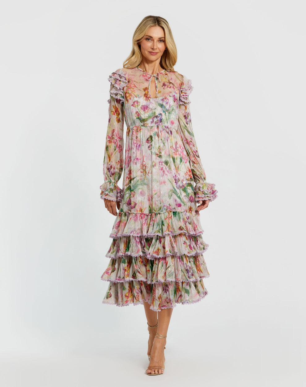 Cocktail Dresses Short Ruffle Floral Midi Length Cocktail Dress Lilac Multi