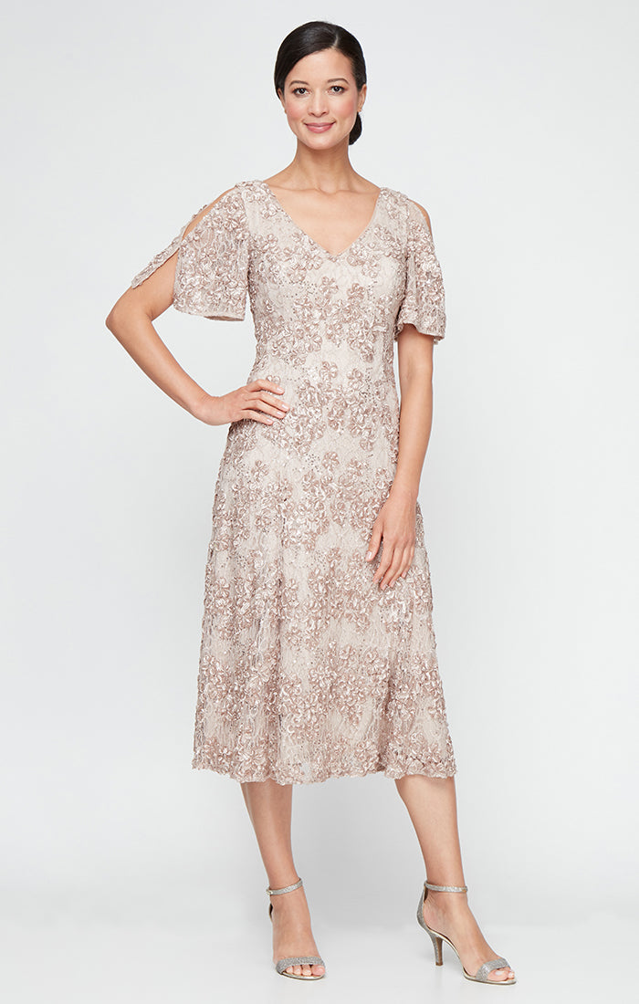Cocktail Dresses A Line Tea Length Formal Sequin Cocktail Dress Buff