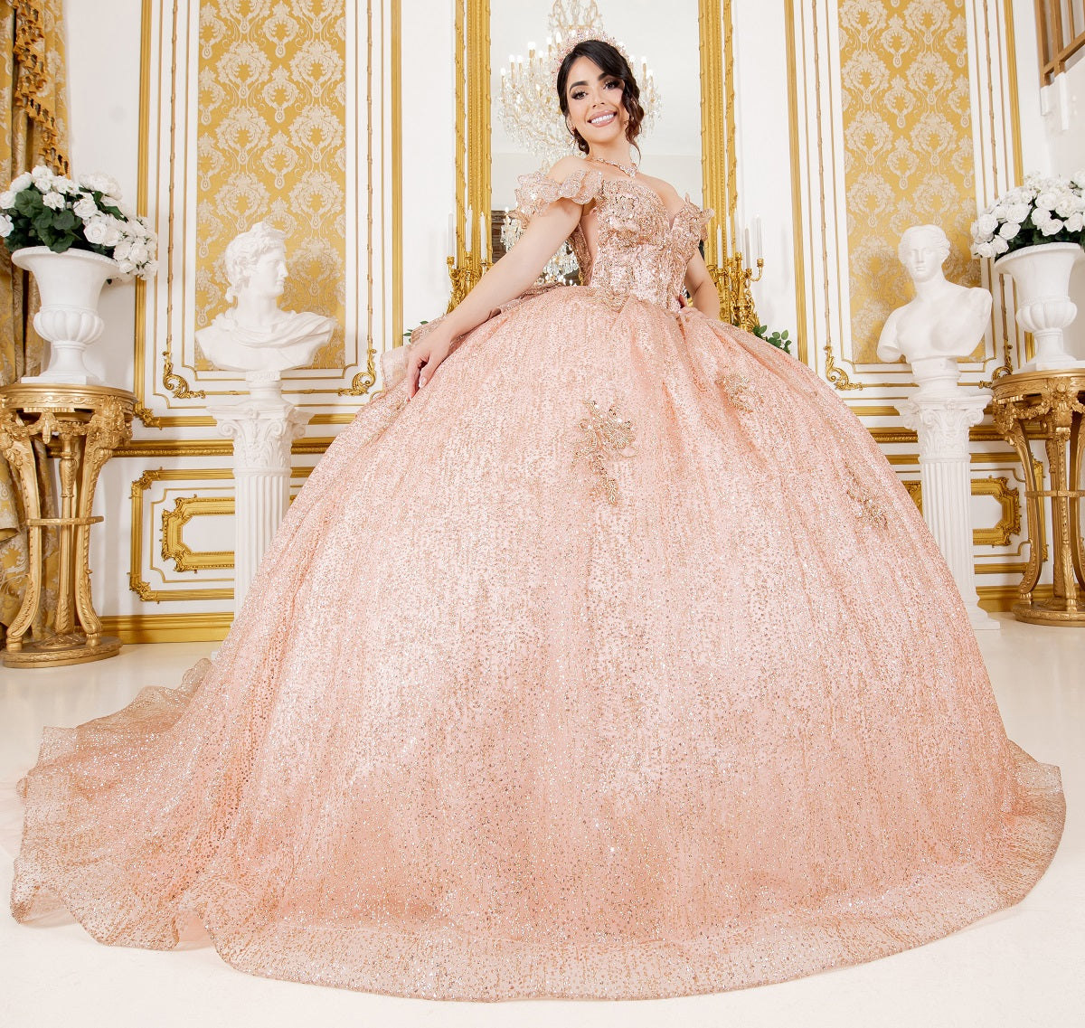 Quinceniera Dresses Long Quinceanera Beaded Applique Ball Gown Rose Gold
