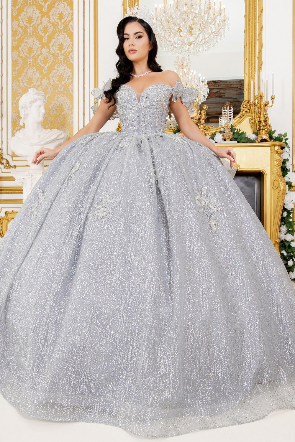 Quinceniera Dresses Long Quinceanera Beaded Applique Ball Gown Silver