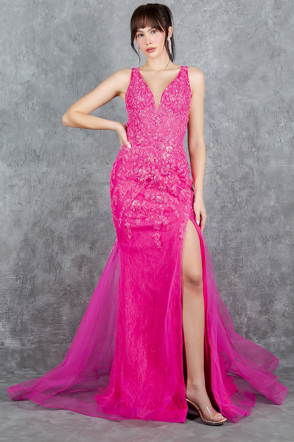 Prom Dresses Formal Long Beaded Lace Mermaid Prom Dress Fuchsia
