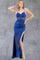Prom Dresses Beaded Slit Long Formal Prom Sequin Dress Navy