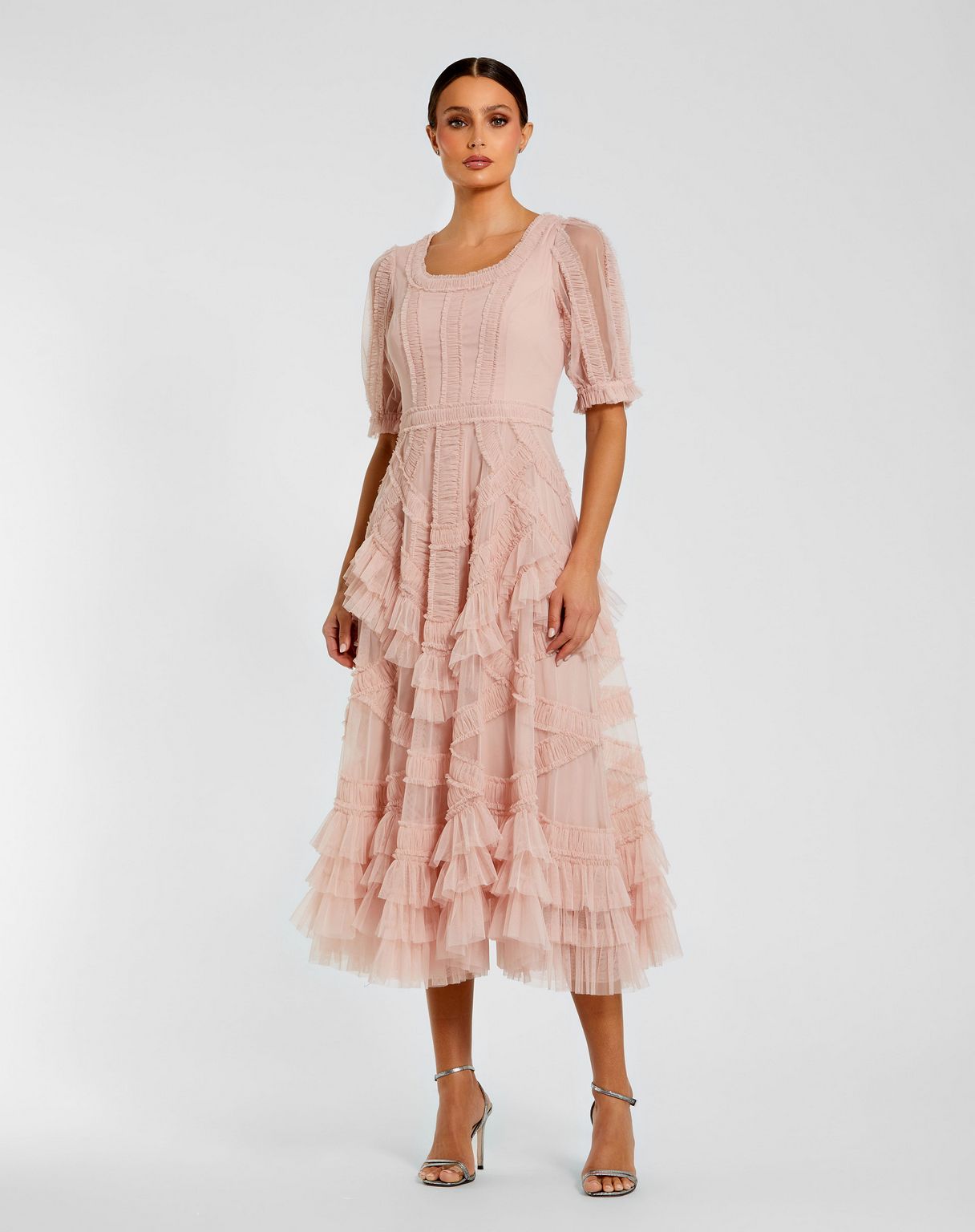Cocktail Dresses Ruffled Tea Length Cocktail Dress Porcelain