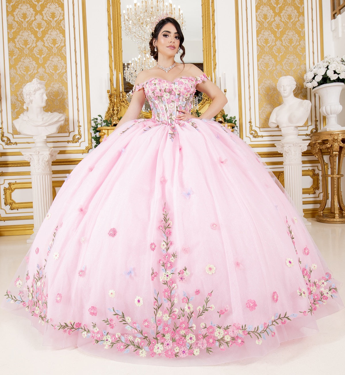Quinceniera Dresses Long Ball Gown Floral Applique Quinceanera Dress Pink