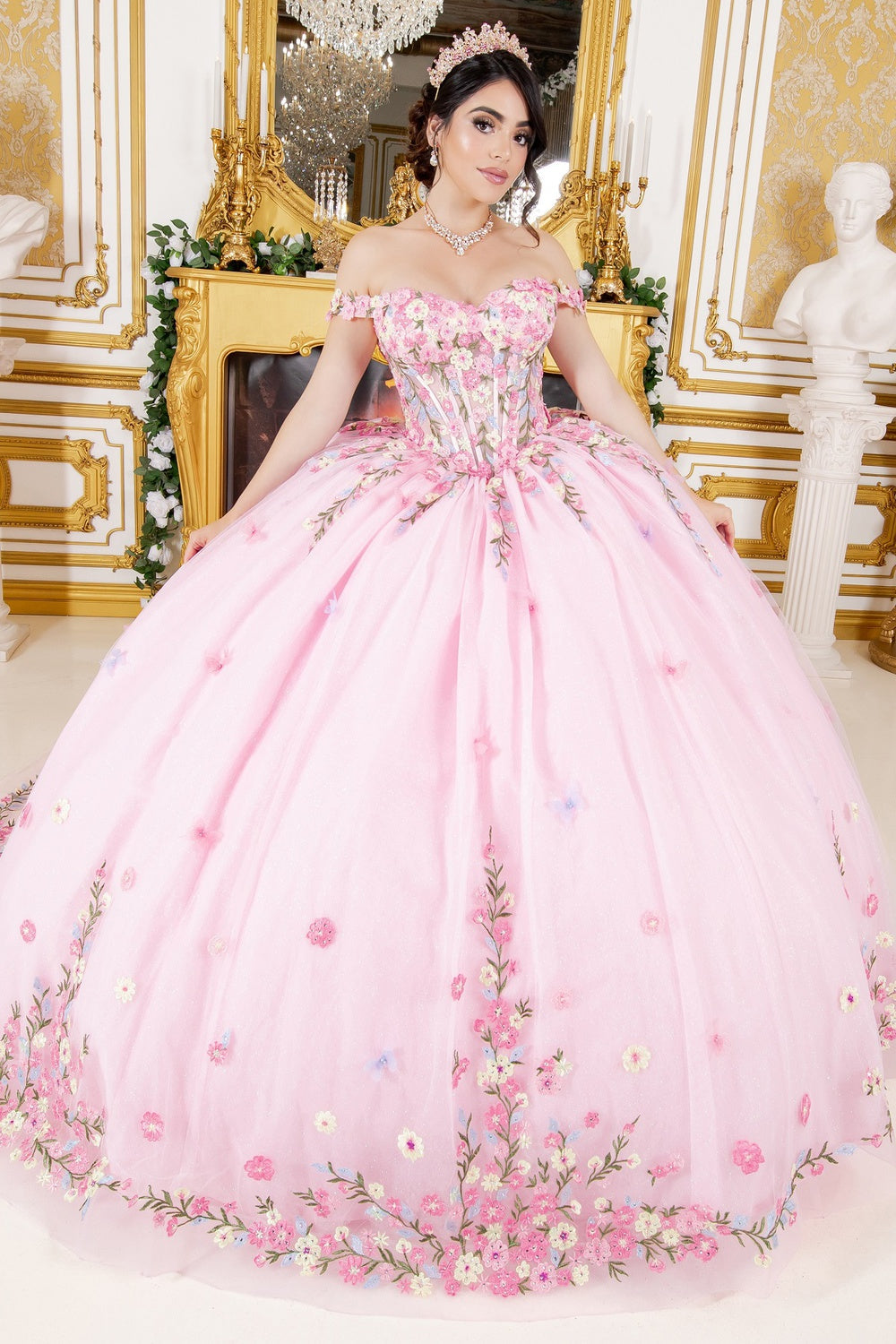 Quinceniera Dresses Long Ball Gown Floral Applique Quinceanera Dress Pink