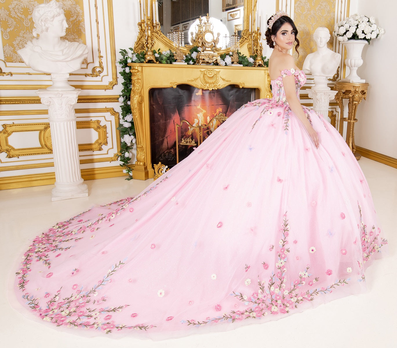 Quinceniera Dresses Long Ball Gown Floral Applique Quinceanera Dress Pink