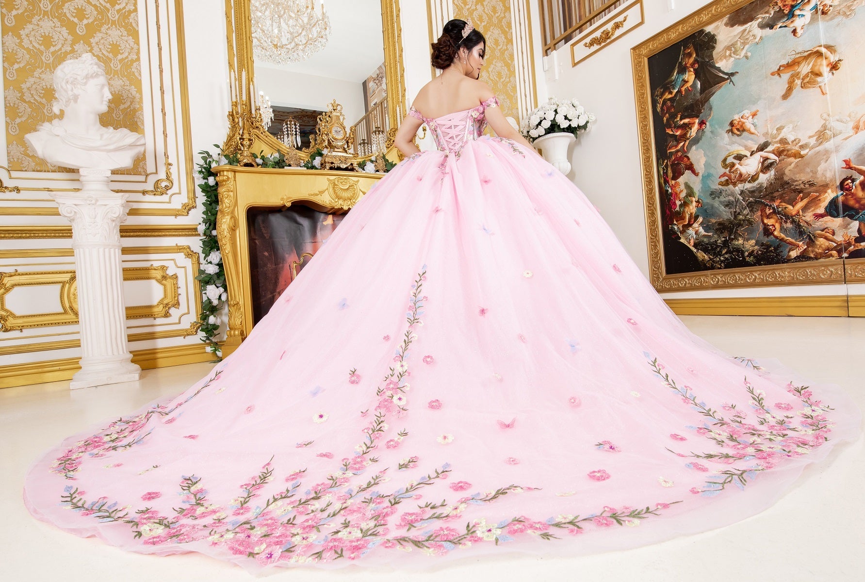 Quinceniera Dresses Long Ball Gown Floral Applique Quinceanera Dress Pink