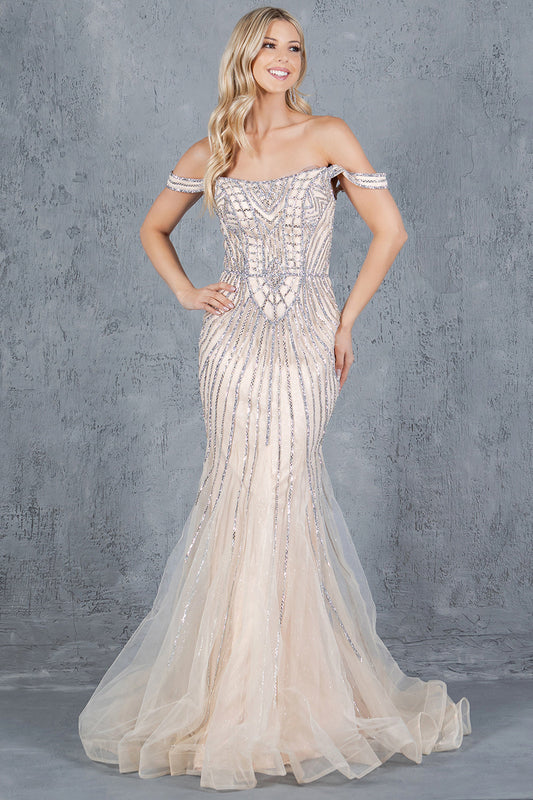 Prom Dresses Fitted Long Beaded Lace Formal Prom Dress Champagne