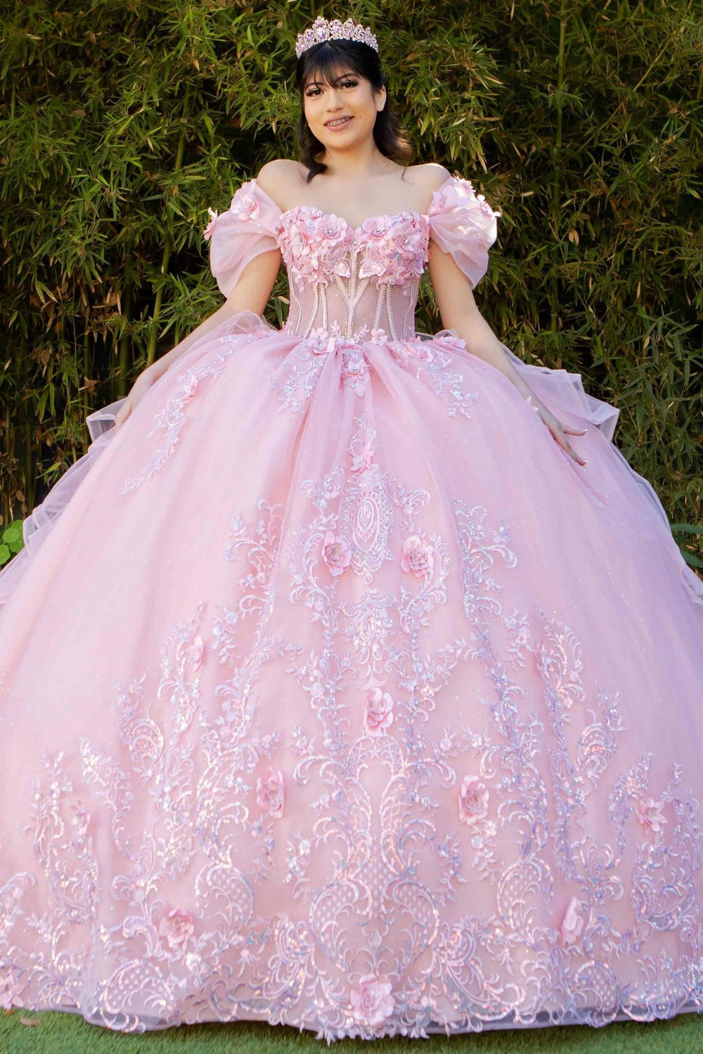 Quinceniera Dresses Long Ball Gown 3D Floral Quinceanera Dress Blush