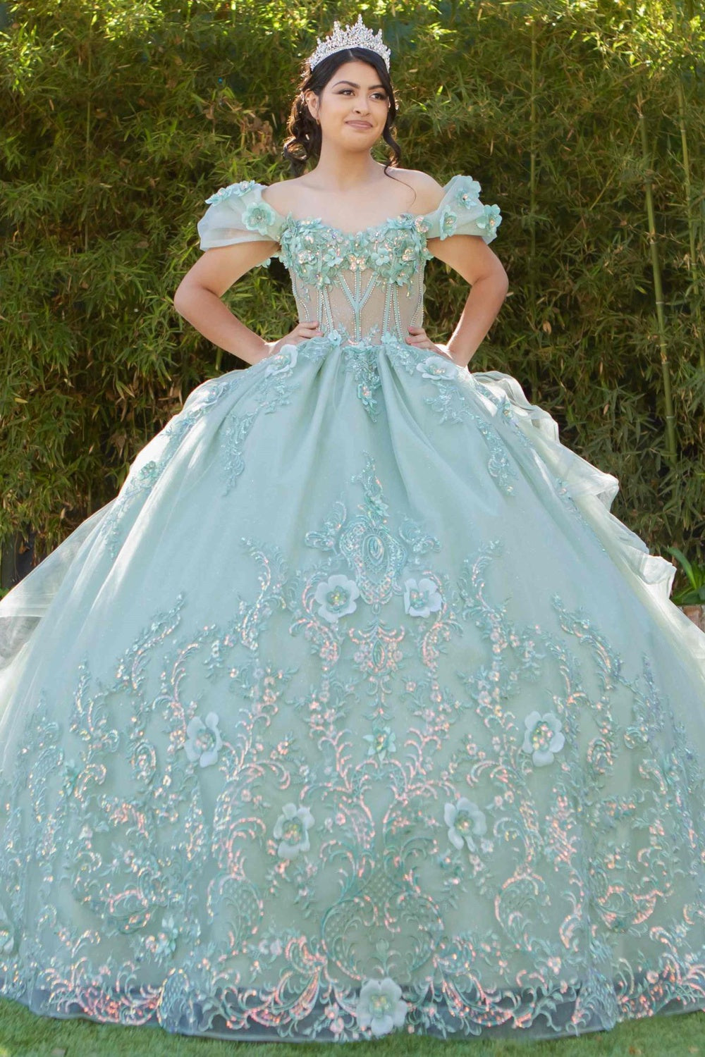 Quinceniera Dresses Long Ball Gown 3D Floral Quinceanera Dress Sage